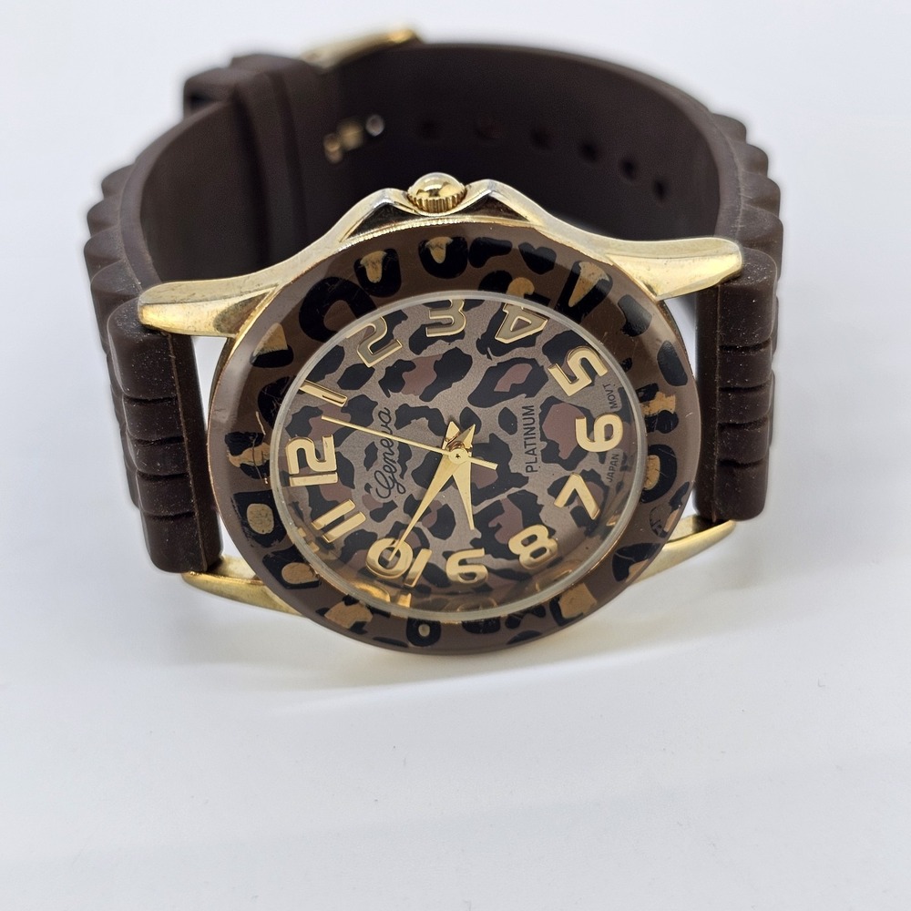 Women's Analog Watch 36MM Leopard Print Dial Brown Plastic Bands NEW Battery